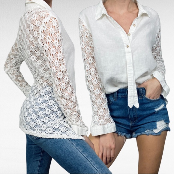 Moonlight Y&S Fashion Design | White Lace Back Long Sleeve Linen Tunic Shirt - Picture 9 of 10